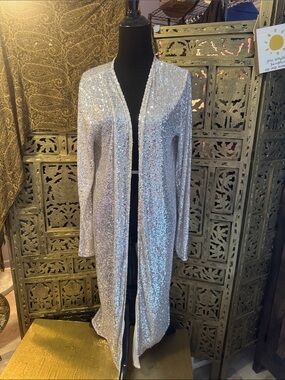Sequin Open-Front Duster Cardigan in Silver ankle length